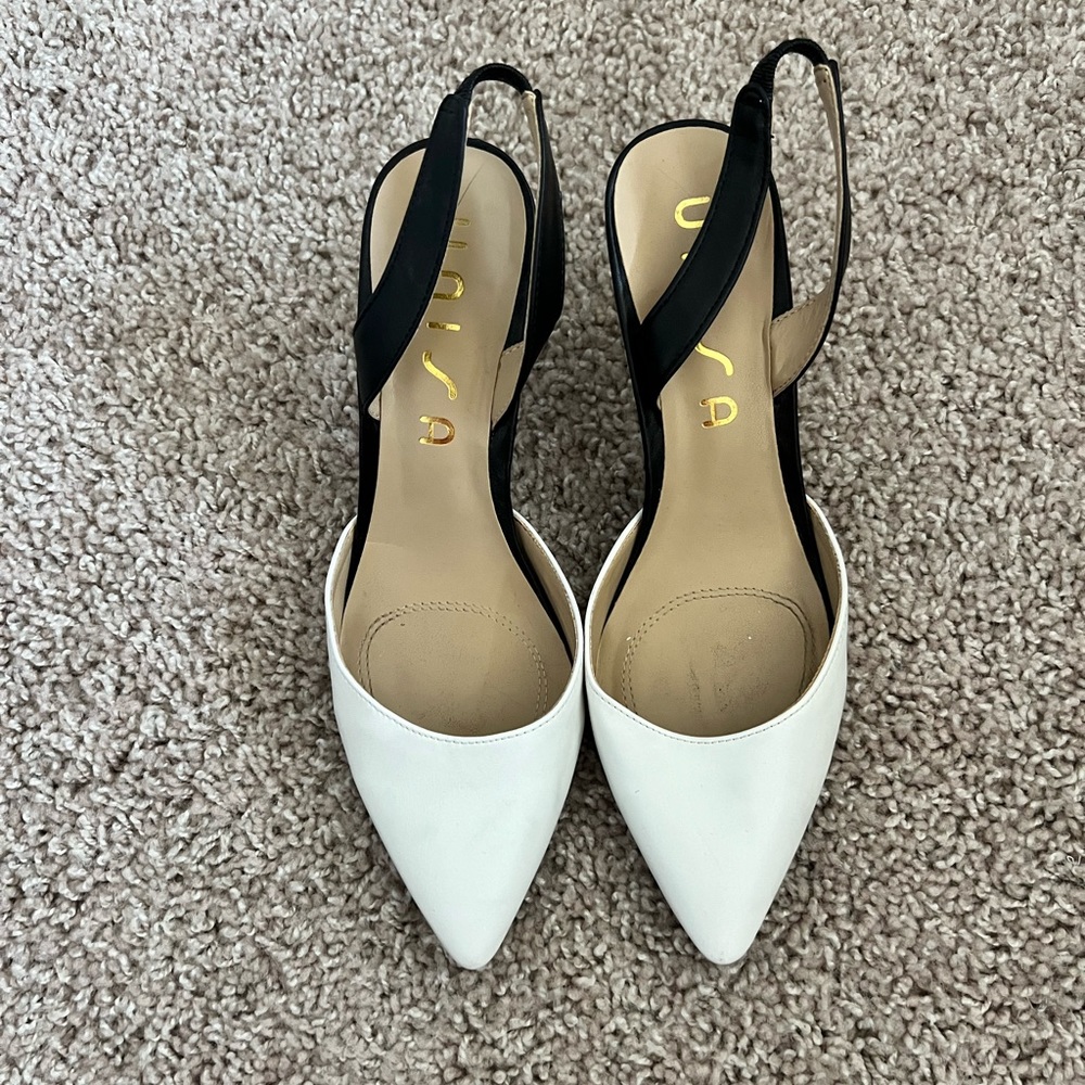White & black sling back heels